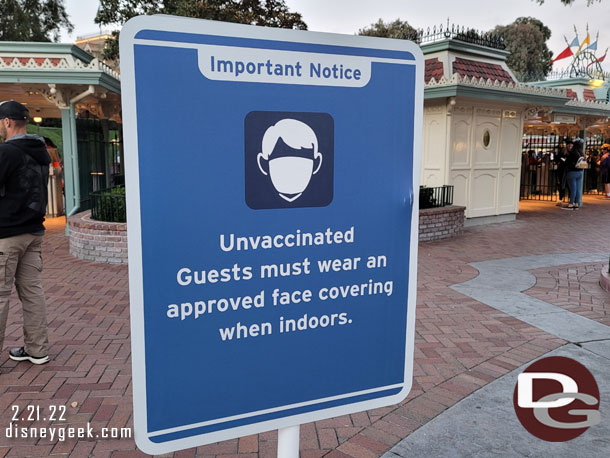 Signs at the park entrance with the current mask rules.  Vaccinated guests had no restrictions except for transportation and medical settings.