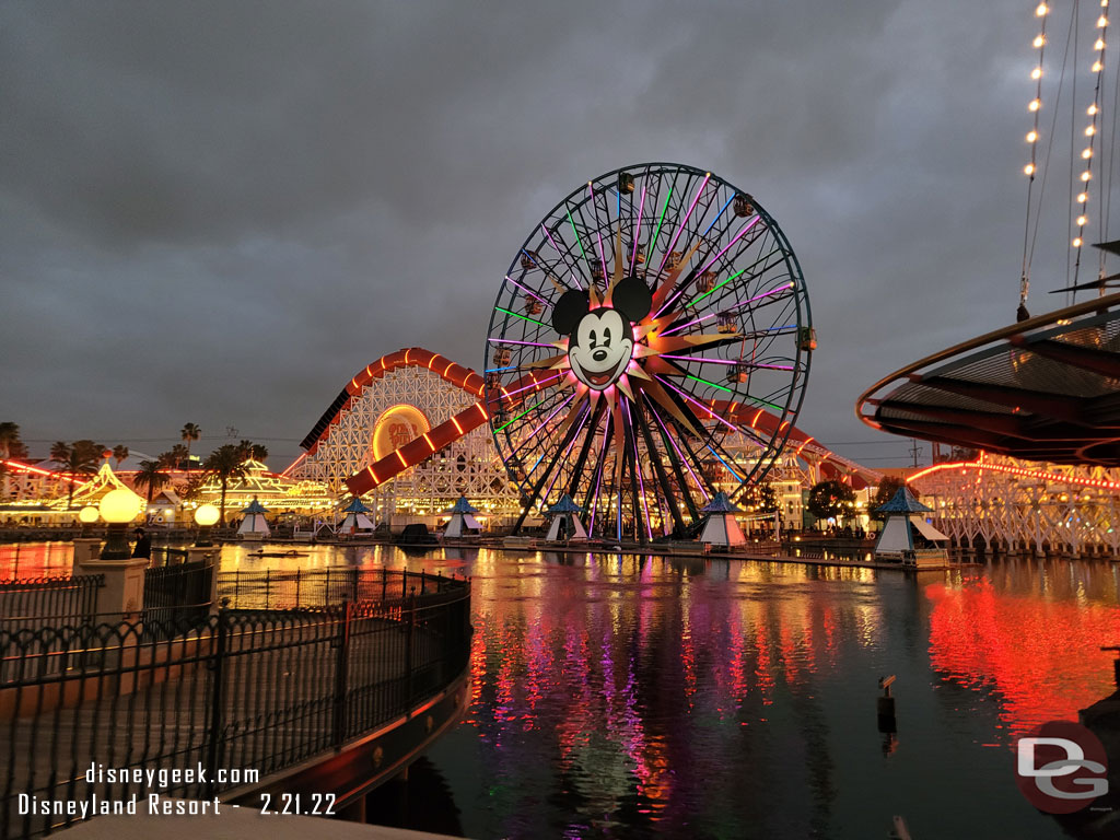 Paradise Bay this evening.  The projector housings for World of Color have returned and look the same as the original ones.