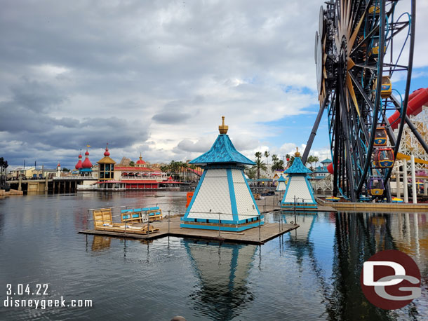 Looks like they are almost done installing the new projector housings in Paradise Bay for World of Color. The show returns April 22nd.