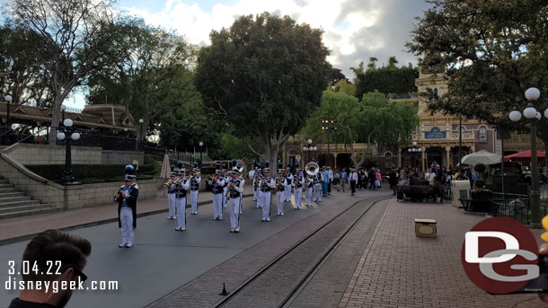 The Disneyland Band arriving in Town Square for the nightly Flag Retreat Ceremony.