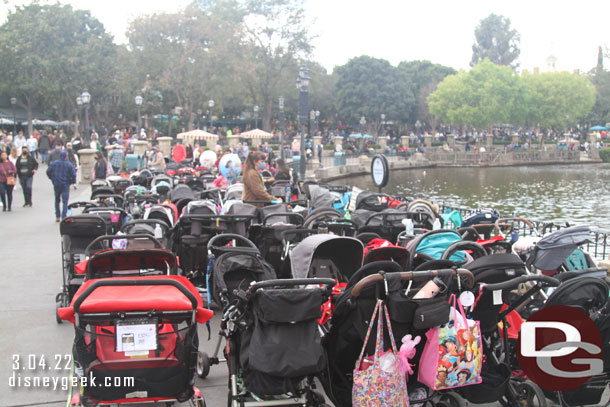 A sea of strollers parked along the Rivers of America across from Pirates.