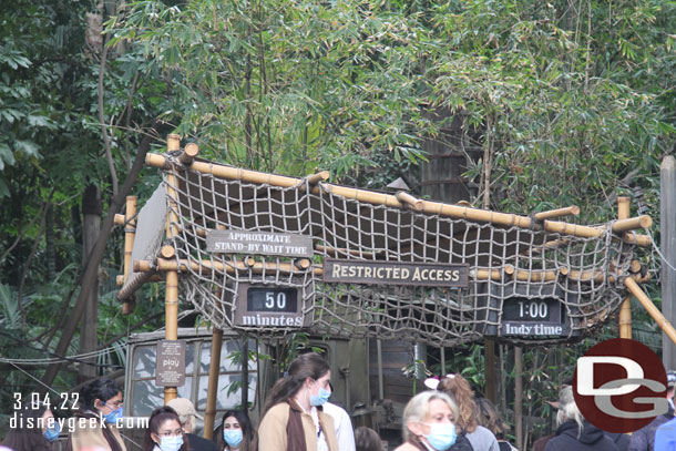 50 minute standby for Indiana Jones. Also noticed no more single rider sign.