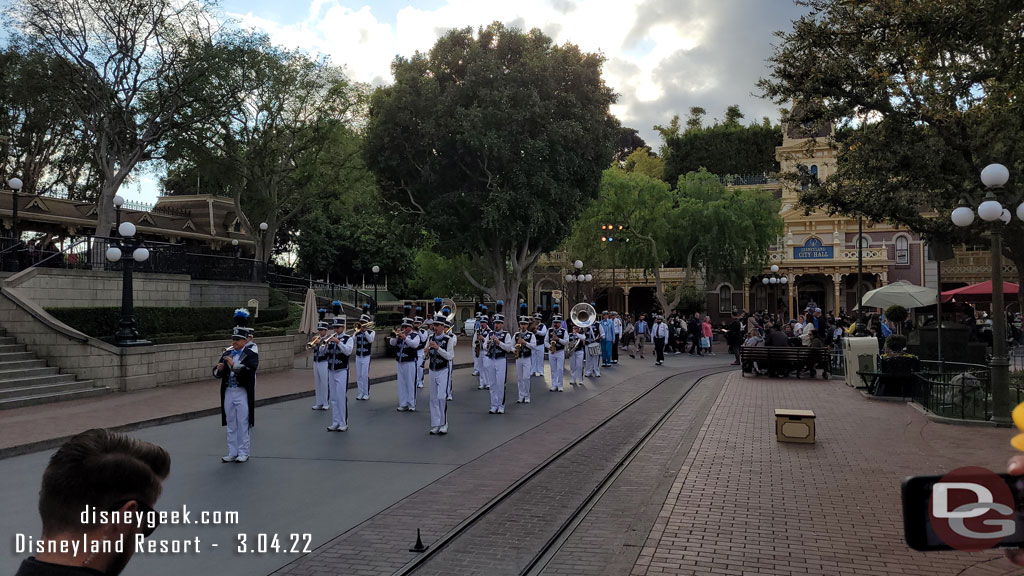 The Disneyland Band arriving in Town Square for the nightly Flag Retreat Ceremony.