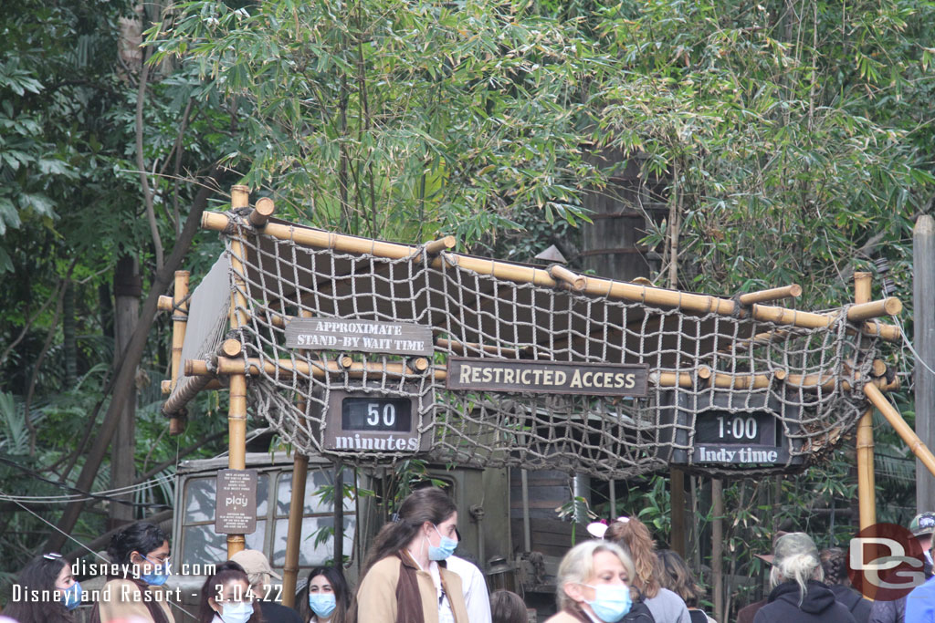 50 minute standby for Indiana Jones. Also noticed no more single rider sign.