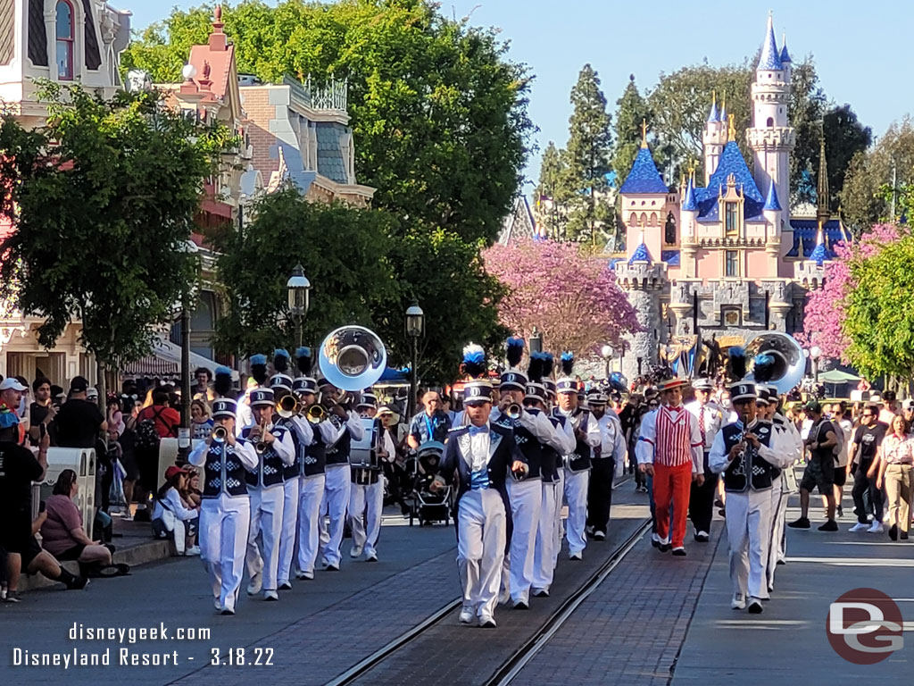 The Disneyland Band, Dapper Dans and Security Honor Guard arriving for the Flag Retreat.