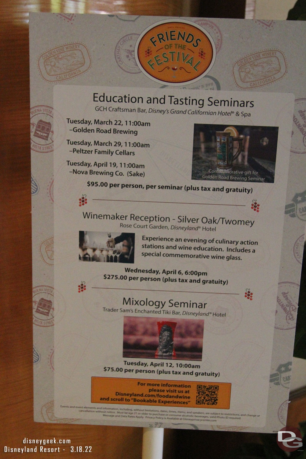 Food & Wine Festival related offerings on a sign near the elevators in the Fantasy Tower lobby.