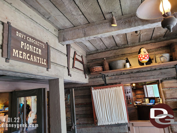 Minnie Mouse outside Pioneer Mercantile.