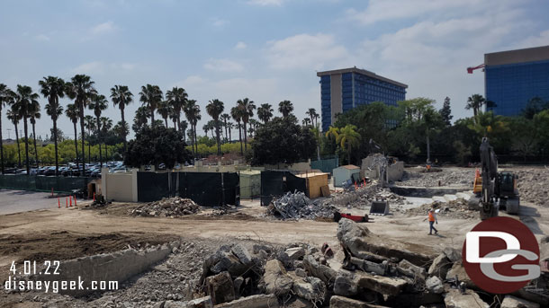 The buildings are all removed and crews are sorting the ruble in the Downtown Disney construction site.