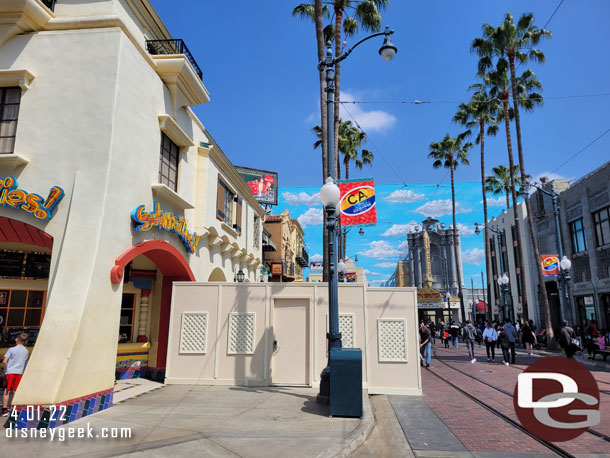 Work on the sidewalks continues. Walls are up around where the market is.