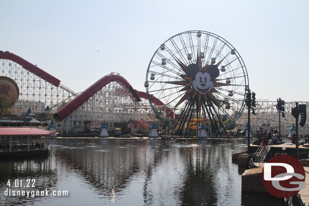 Paradise Bay was quiet this afternoon.  World of Color renovation work is progressing.  The projector housings look to be wrapping up and some of the access scaffolding is being removed.  The show returns in 3 weeks.