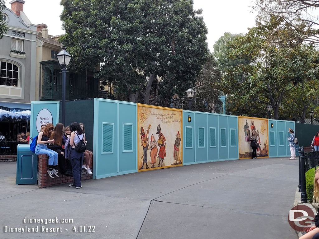 You cannot see the progress on the New Orleans Square projects, but the terrace is gone and they are building retaining walls around the trees that remain.  The ground will be level in this area for more queue space and better crowd flow.