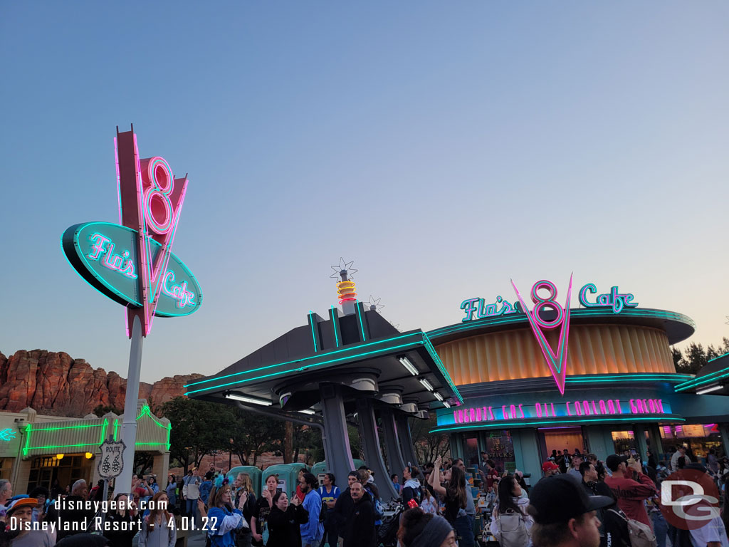I stuck around a few minutes and caught the Neon lighting moment.  Always a fun time to be in Cars Land.