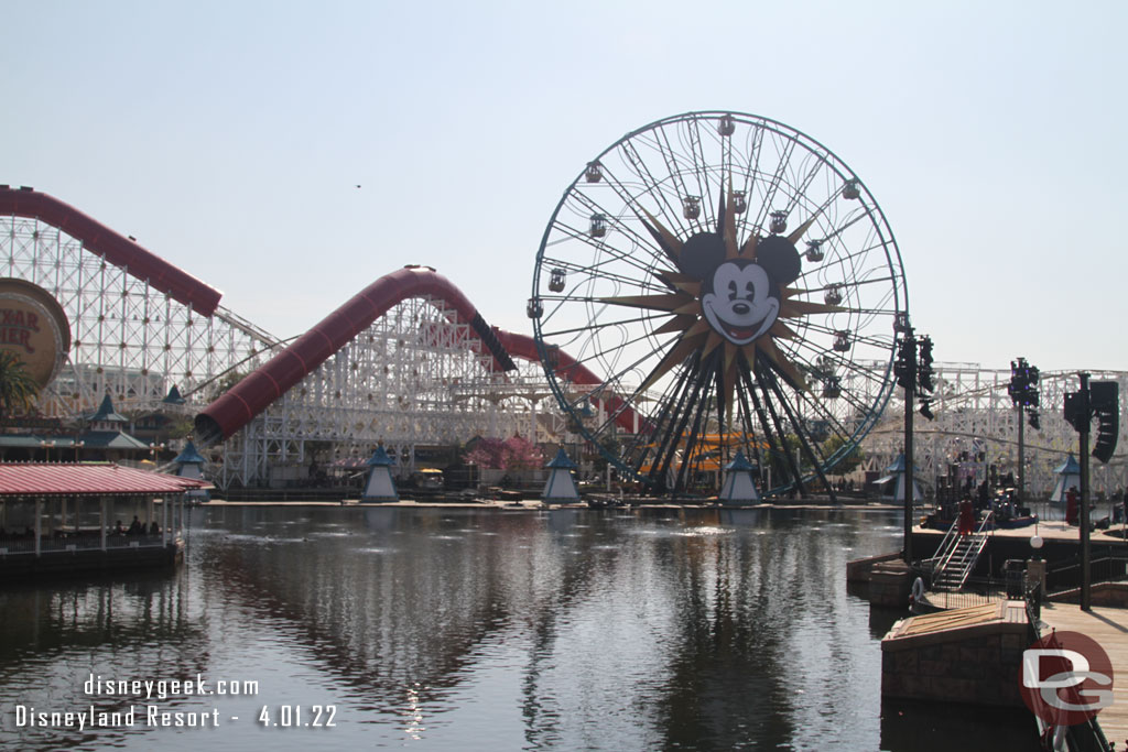 Paradise Bay was quiet this afternoon.  World of Color renovation work is progressing.  The projector housings look to be wrapping up and some of the access scaffolding is being removed.  The show returns in 3 weeks.