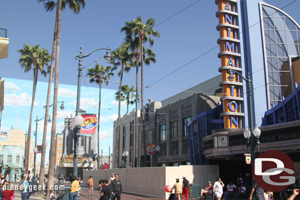 Walls blocking the sidewalk near the Animation Building.