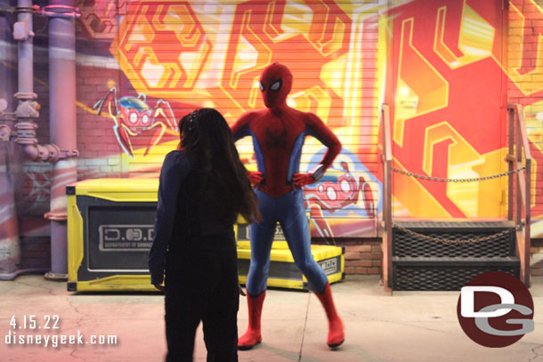 Spiderman was greeting guests in Avengers Campus