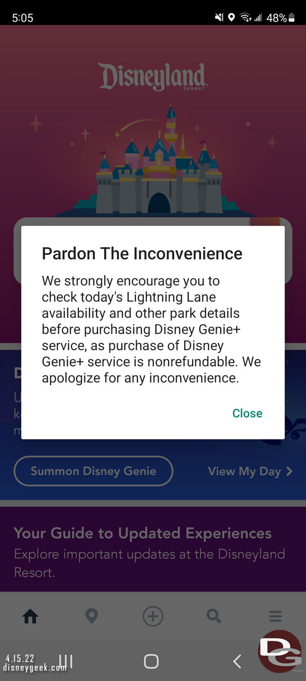 Interesting message popped up when I opened the Disneyland App to check something.  Genie+ options were quickly disappearing for the day so they were warning guests to look before purchasing.