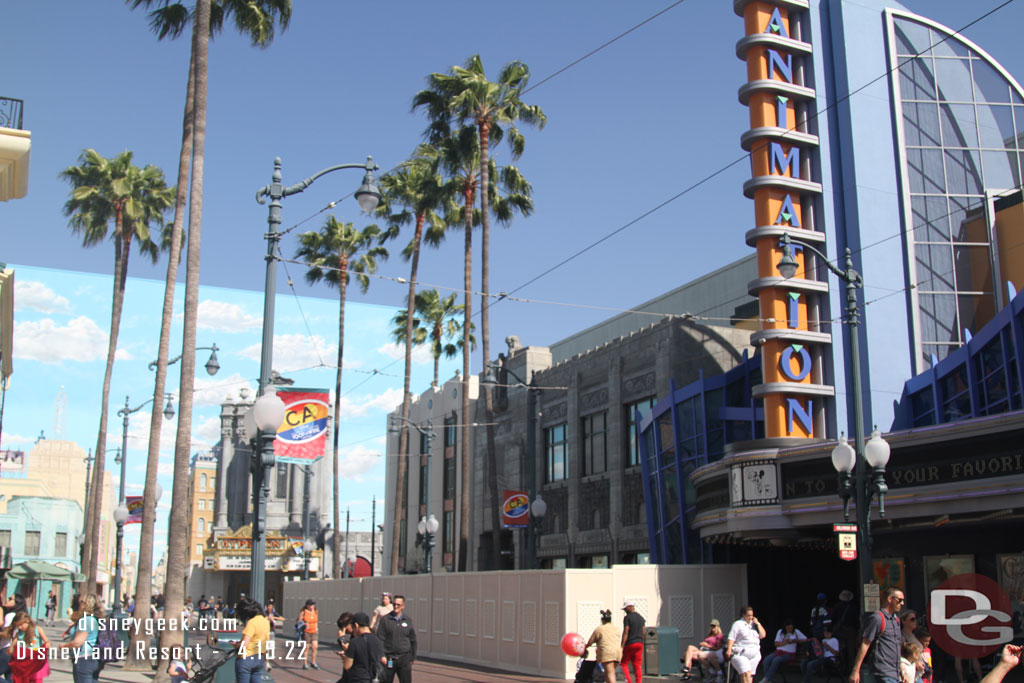 Walls blocking the sidewalk near the Animation Building.