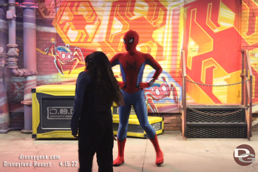 Spiderman was greeting guests in Avengers Campus