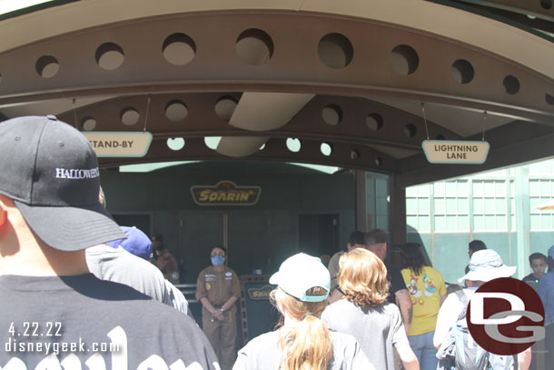 Soarin' Over California had a posted wait of 25 minutes.  The queue looked to be moving so we entered at 2:18pm