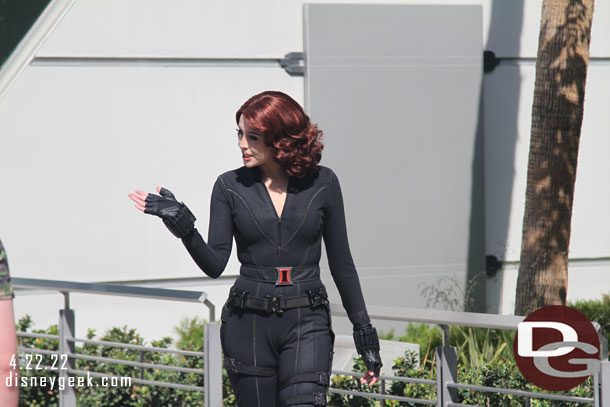 In Avengers Campus the characters roam around and interact with guests now.  Here is Black Widow.