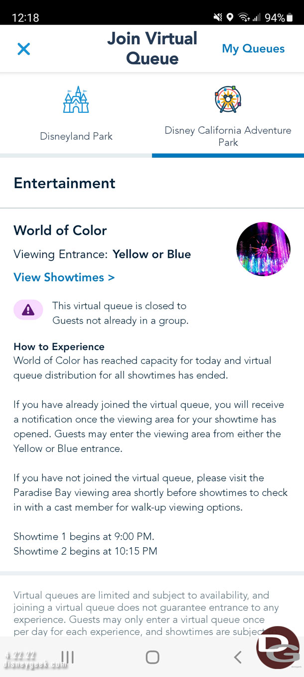 World of Color Virtual Queue filled almost instantly.  Someone told me under a minute.  Slots were long gone by the time I was in the park.