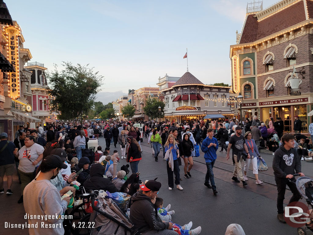 Found a spot.. now a couple hours of standing (an hour till the parade starts at small world, then the parade then Disneyland Forever at 9:30)