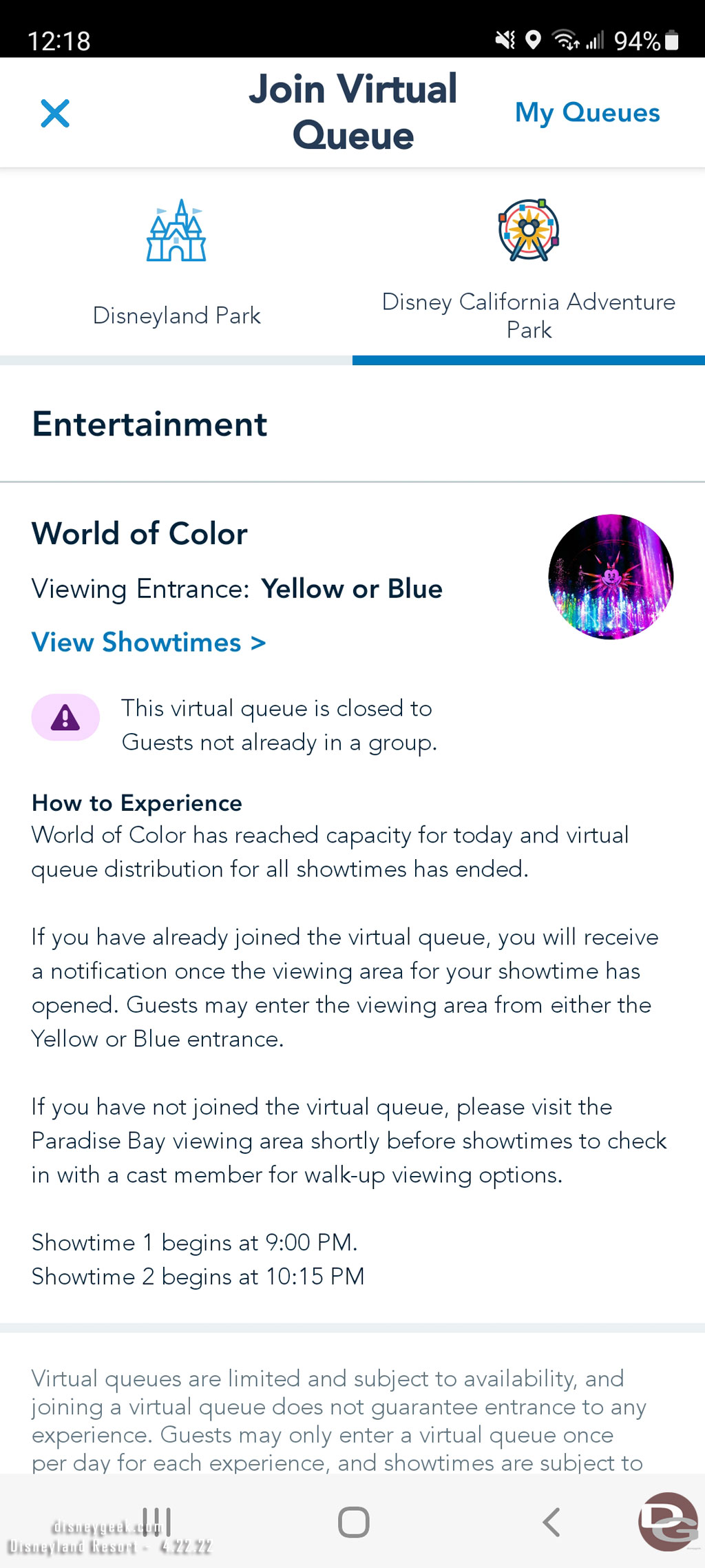 World of Color Virtual Queue filled almost instantly.  Someone told me under a minute.  Slots were long gone by the time I was in the park.