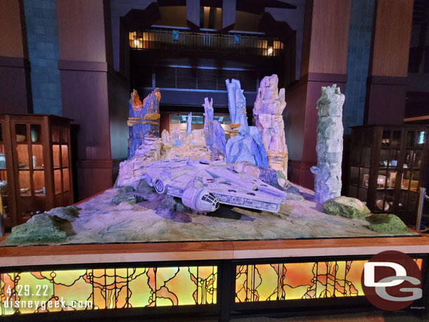 The Grand Californian Hotel lobby has this large display featuring Batuu and the Millennium Falcon.  There were no signs but assuming this is for Star Wars day next week.   Someone said this is made of Rice Krispies.  