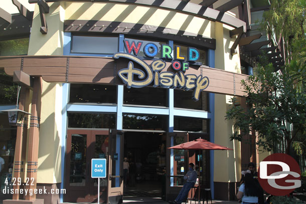 World of Disney is still forcing one way traffic through the store starting by La Brea Bakery and exiting by Starbucks.