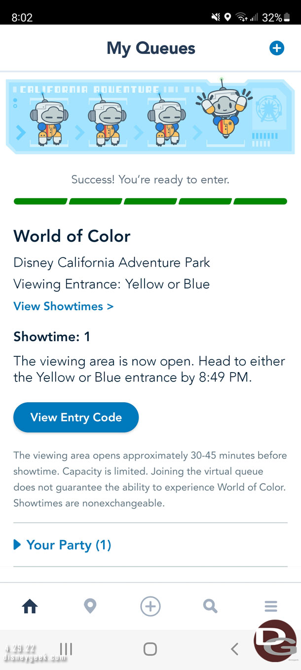 At 8pm received an alert on my phone that I could enter the World of Color Viewing area.  