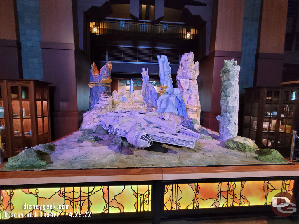 The Grand Californian Hotel lobby has this large display featuring Batuu and the Millennium Falcon.  There were no signs but assuming this is for Star Wars day next week.   Someone said this is made of Rice Krispies.  