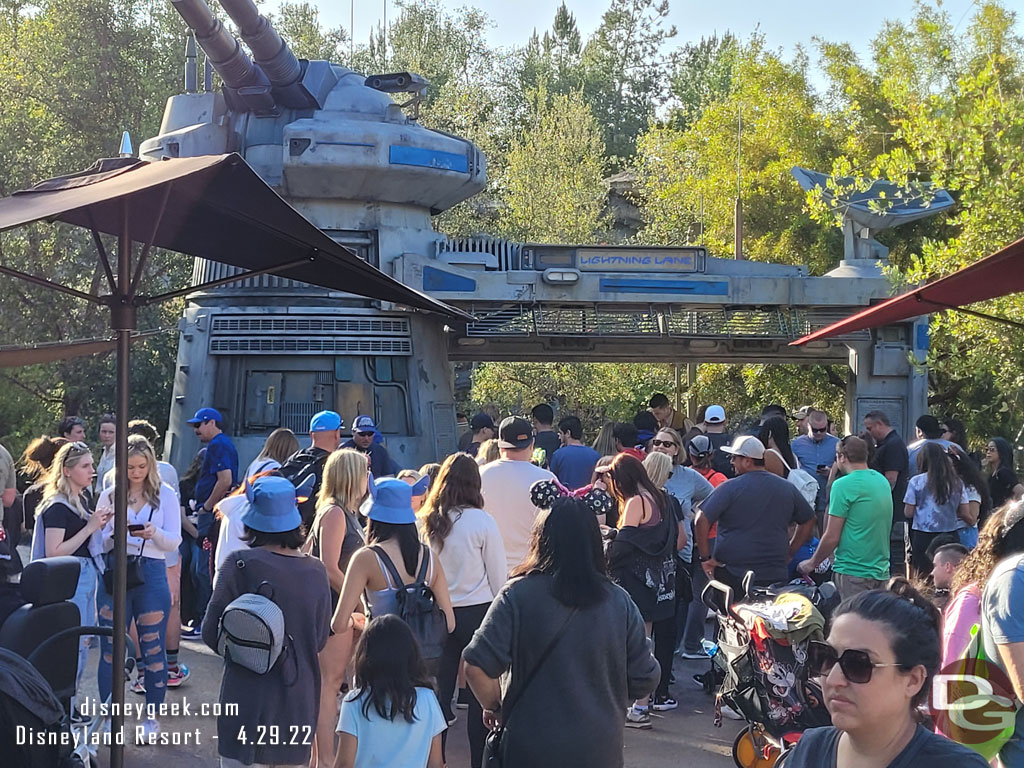 A lot of people milling around the entrance to Rise of the Resistance, it was operating at the moment.