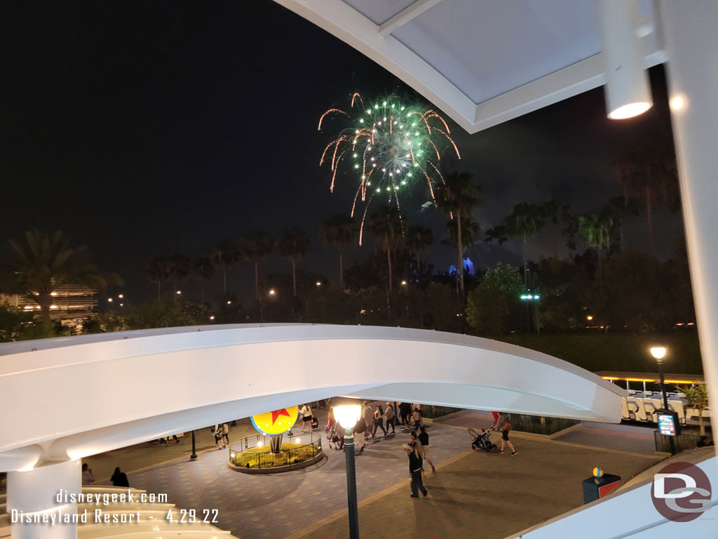 9:43pm - watching the fireworks from the Pixar Pals Parking Structure escalator