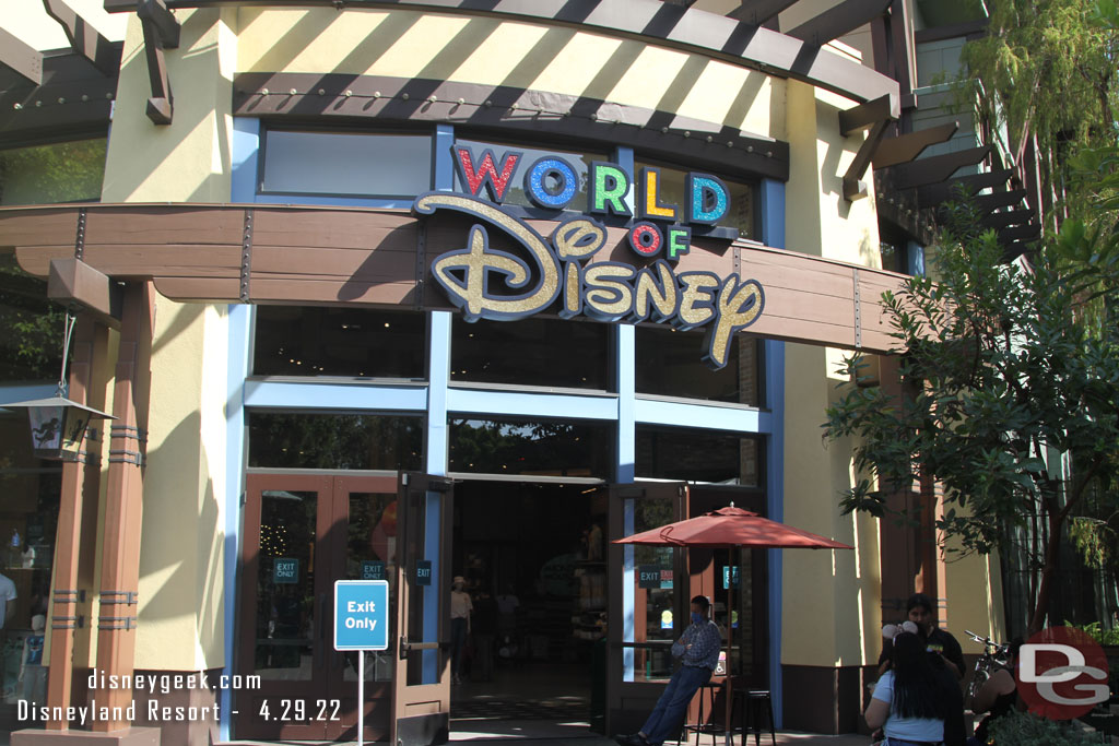 World of Disney is still forcing one way traffic through the store starting by La Brea Bakery and exiting by Starbucks.