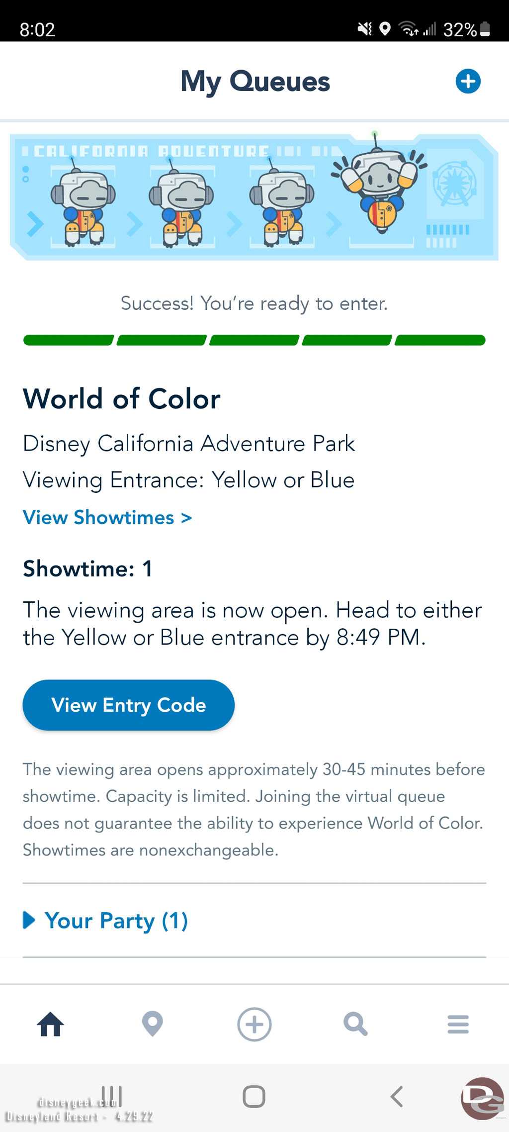 At 8pm received an alert on my phone that I could enter the World of Color Viewing area.  