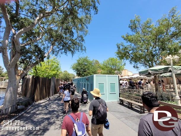 The walkway to Frontierland is very narrow right now with walls for Fantasmic work on one side and pavement work on the other.