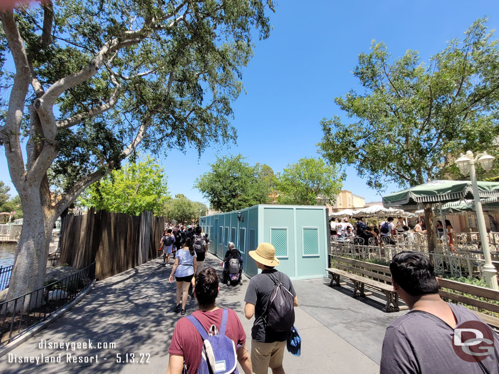 The walkway to Frontierland is very narrow right now with walls for Fantasmic work on one side and pavement work on the other.