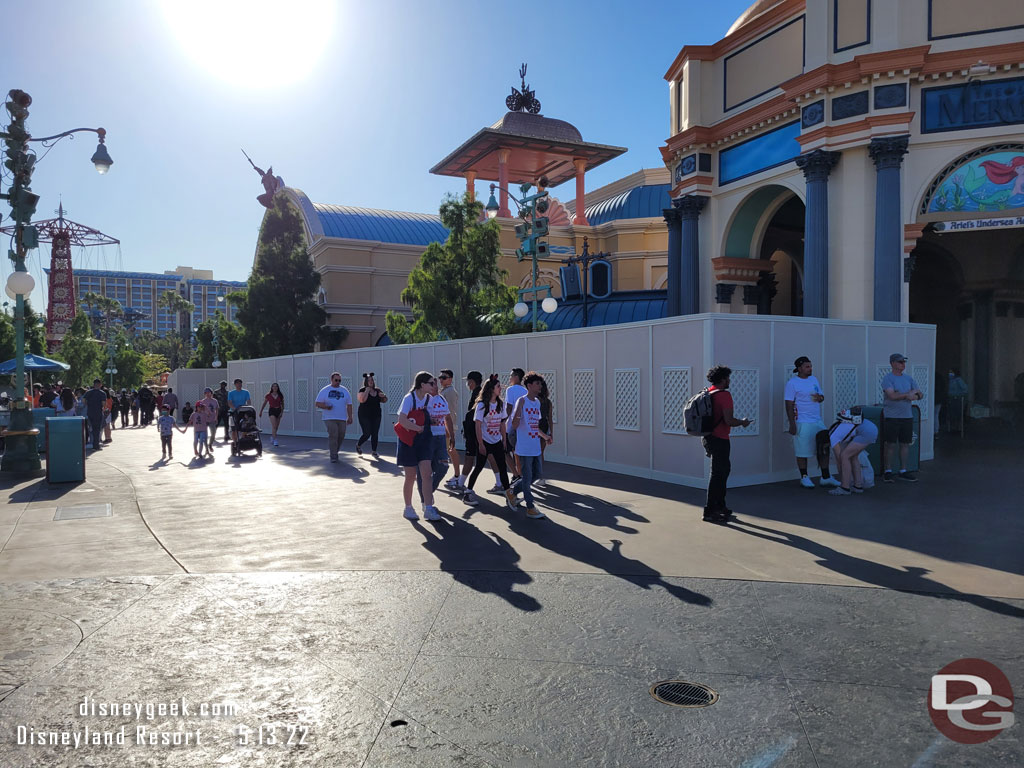 Walls up along the parade route in front of the Little Mermaid. The attraction is still operating normally.