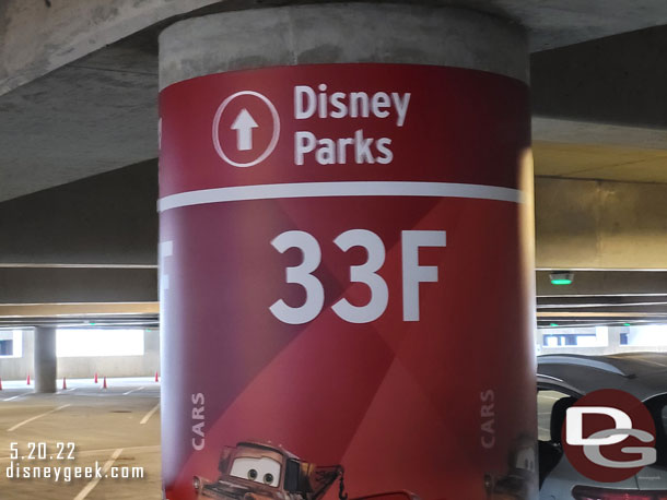 11:45am - Directed into a spot at the end of a row on the Cars Level of the Pixar Pals Parking Structure.