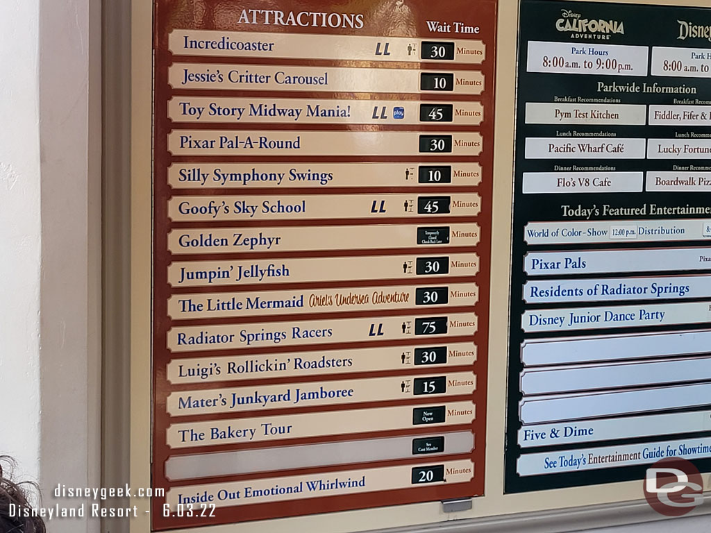 3:37pm - Some Disney California Adventure wait times.