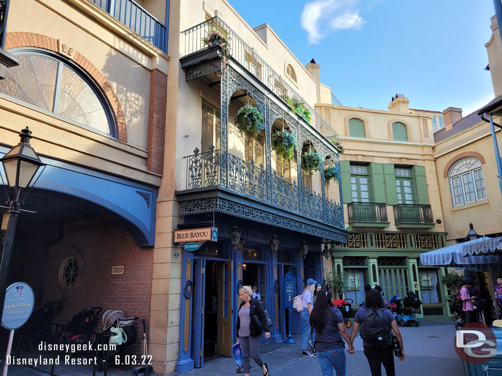 The Blue Bayou has reopened.  Today it was walk-in only, no reservations.