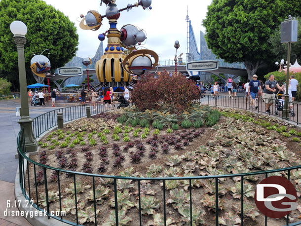 The grass has been removed and plantings have been installed at the entrance to Tomorrowland recently.