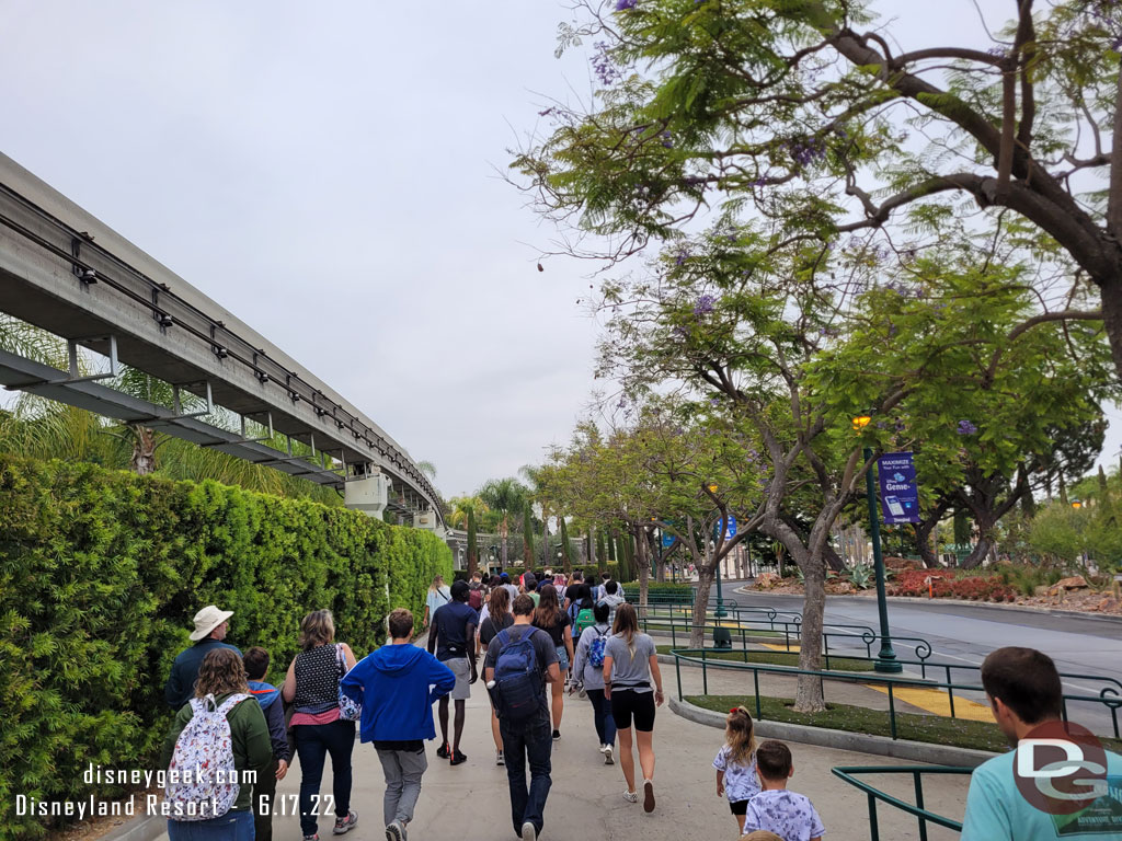 7:38am - Disembarked the tram and walking toward the park.