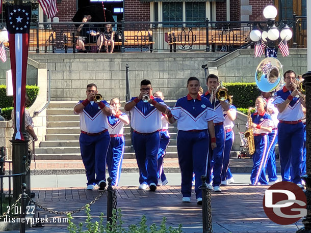 The 2022 All-American College Band has started their season since my last visit. Here they are at the nightly Flag Retreat in Town Square.