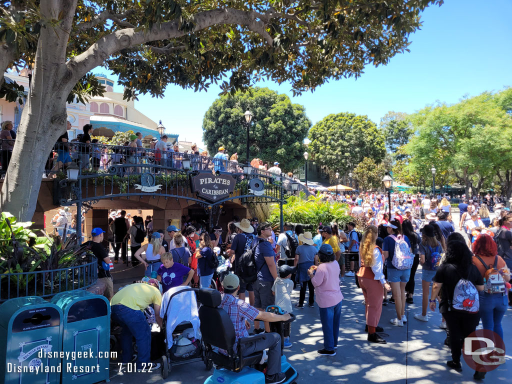 Pirates of the Caribbean returned from renovation today.  The wait time was posted at 50 minutes and the extended queue was pretty full when I walked by.