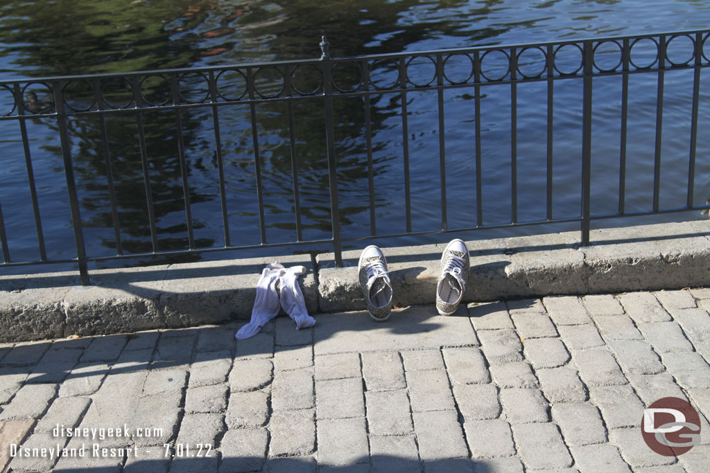 Thought this was funny.  At first glance I thought people were saving spots for Fantasmic then I realized they were trying to dry out their shoes and socks.