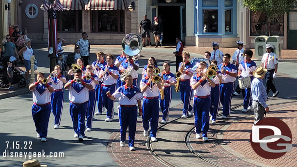 The 2022 Disneyland Resort All-American College Band and Disneyland Security Honor Guard arriving for the Flag Retreat 