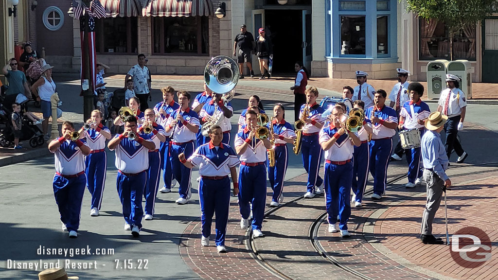 The 2022 Disneyland Resort All-American College Band and Disneyland Security Honor Guard arriving for the Flag Retreat 