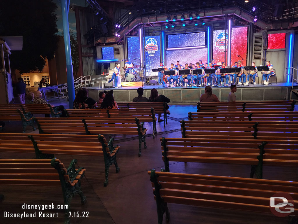 The set is not that well attended due to the time and location.  Elsewhere right now World of Color, the Main Street Electrical Parade and Fantasmic are going on.