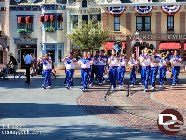 The 2022 Disneyland Resort All-American College Band arriving for the nightly Flag Retreat